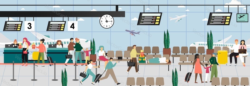 Airport terminal, waiting hall scene set, flat vector illustration. Passengers checking in, waiting for flight in departure lounge sitting on chairs, walking with luggage.
