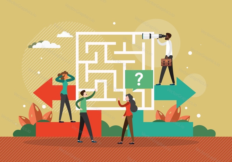 Business people choosing exit from labyrinth or maze, flat vector illustration. Business solution, problem solving, challenge.