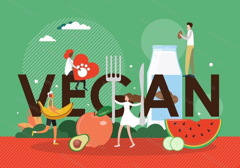 Vegan lifestyle typography vector banner template. People eating fresh fruits and drinking almond milk. Healthy eating, vegetarenian food, vegan diet, organic nutrition.