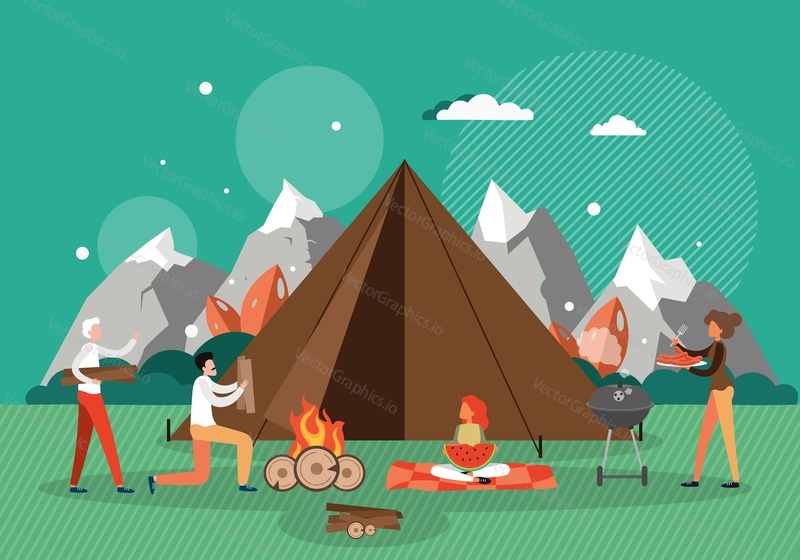Group of people tourists cooking food on grill, making fire next to camp tent, flat vector illustration. Hiking, camping, travel in mountains, summer outdoor activity and recreation.