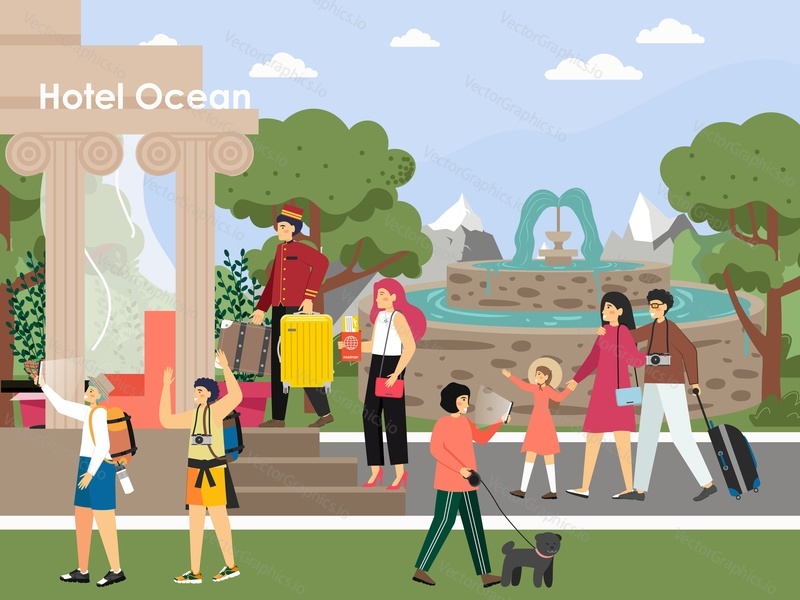 Beach hotel entrance with porter carrying luggage, hotel guests tourists walking with suitcases, backpacks, flat vector illustration. Summer vacation, travel, hospitality industry.