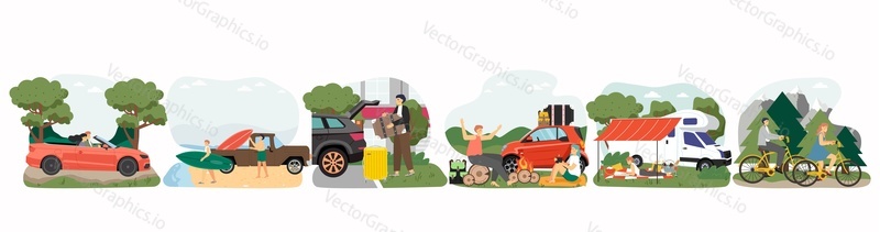 People enjoying auto camping and road trip, flat vector illustration set. Happy couples traveling by car, camper trailer, cabriolet and bicycle. Summer vacation, travel car.