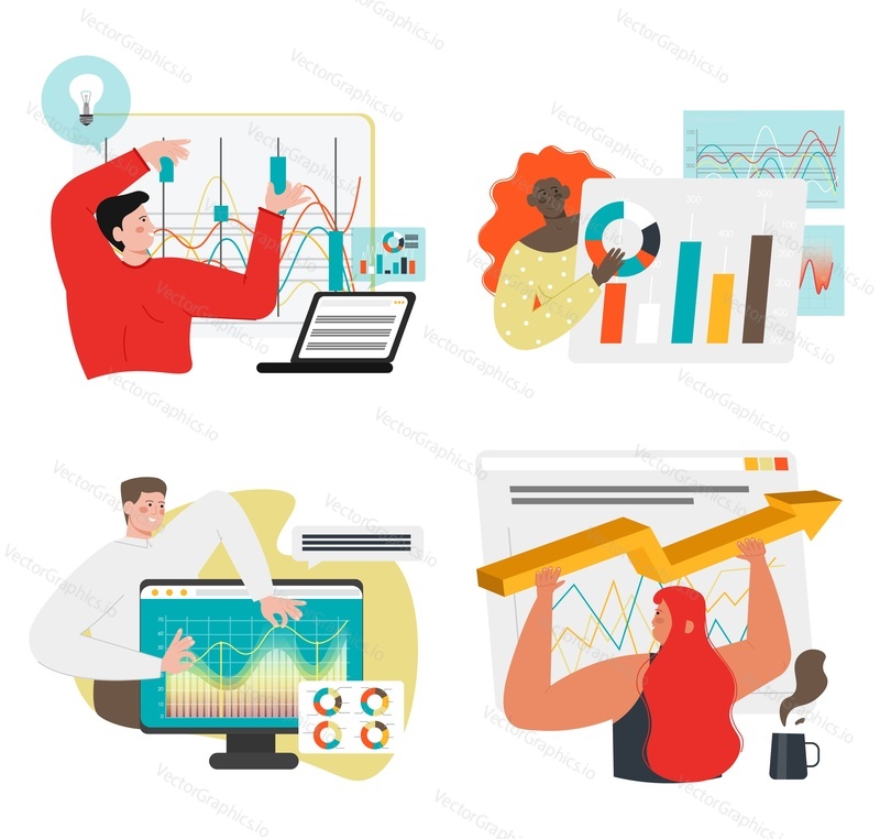 Business people, male and female characters interacting with arrow, bar, stock trade candlestick charts, pie diagram, flat vector isolated illustration. Data analysis, business analytics, stock market