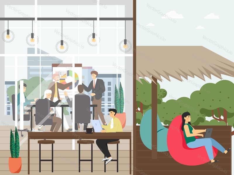 Coworking lifestyle, flat vector Illustration. Modern coworking space for freelance workers, remote teams. People holding business meeting, working on laptop outdoors sitting in bean bag chair.