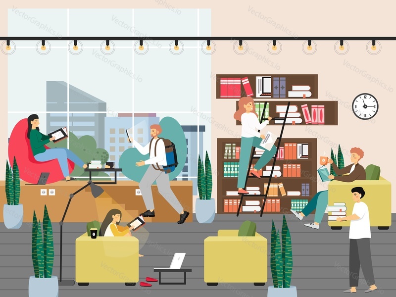 Young people students studying, reading books, preparing for exam in library, flat vector illustration. University education, knowledge, science.