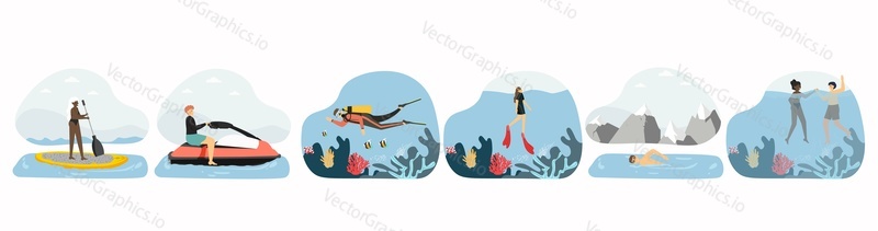 Beach water sport activities set, flat vector isolated illustration. People sup surfing, riding water scooter, scuba diving, snorkeling, swimming. Travel. Summer vacation. Underwater world.