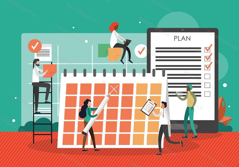 Office people planning schedule and calendar, using memo board, flat vector illustration. Task management. Scheduling app for business.