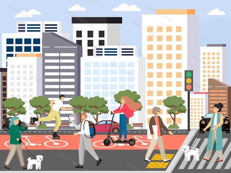 City scene set. People walk along the street, cross the road at pedestrian crossing on green light, roller skate, ride electric scooter, flat vector illustration. Pedestrian traffic.