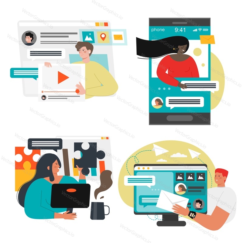 People chatting on social networks, flat vector isolated illustration. Instant messaging, sms and website chats, video messages. Digital communication.