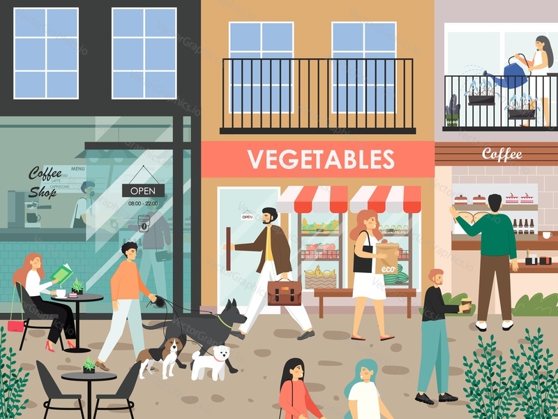 City street with coffee shop, cafe, grocery store buildings and people walking with dogs, sitting at table, shopping, flat vector illustration. Urban street architecture.