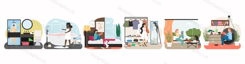 People taking rest, enjoying free time at home, flat vector isolated illustration. Male and female characters taking bath, shower, reading book, using laptop. Home leisure activities. Daily routine