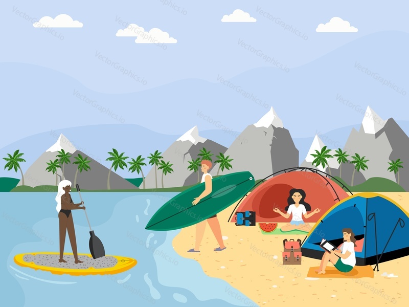 People taking rest with tents on beach, SUP surfing, flat vector illustration. Summer vacation. Travel. Camping at the seaside. Summer beach activities.