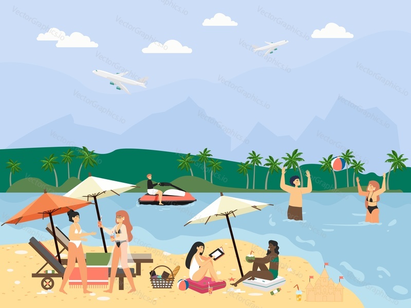 People relaxing on ocean beach, playing ball, riding water scooter, sunbathing under umbrella, flat vector illustration. Tropical vacation. Travel. Summer beach activities.