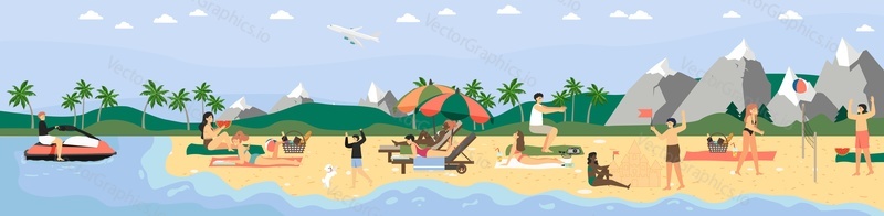 People enjoying beach vacation, vector illustration. Men and women sunbathing, eating, reading, making sand castle, playing volleyball, riding water scooter, playing with dog. Summer beach activities.