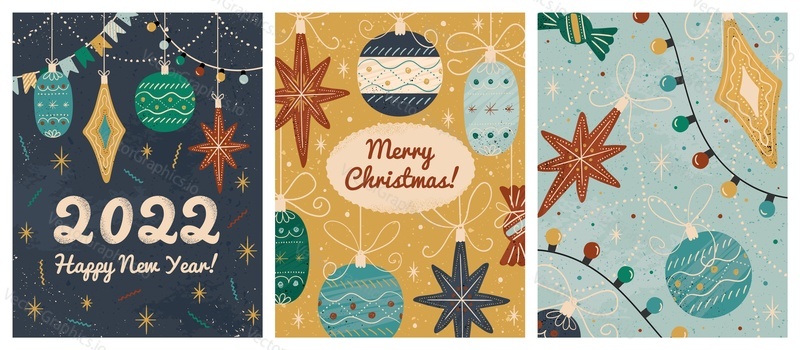 Merry christmas and happy new year greeting cards template. Vector set of winter holiday illustrations in vintage style. Christmas tree and toys. 2022 new year hand drawn posters.