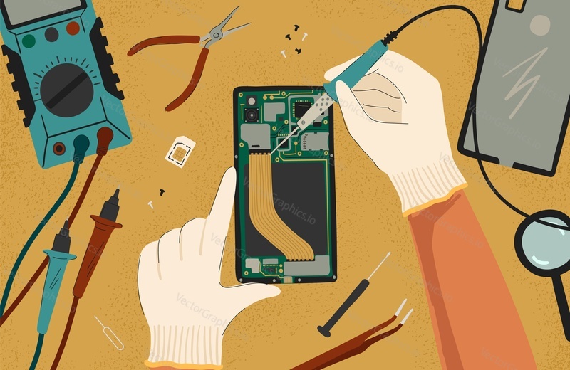 Mobile phone repair concept vector illustration. Man fix broken mobile phone. Maintenance and smartphone service. Man using soldering iron to repair phone.