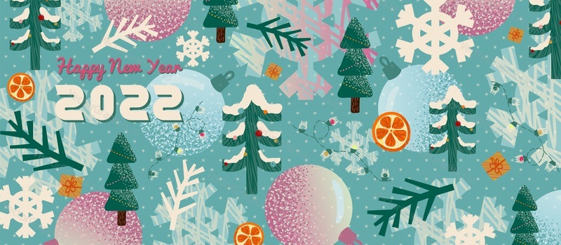 Christmas and Happy New Year pattern background. Vector illustration with Christmas trees and toys. Banner and holiday greeting card template. 2022 winter season decoration. Pine tree with snow.