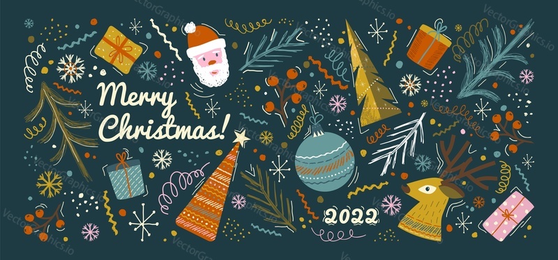 Christmas and Happy New Year pattern background. Vector illustration with Christmas toys and gifts. Banner and holiday greeting card template. 2022 winter season decoration design.