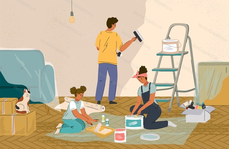 Family repair home and paint walls together. Vector illustration. People wallpapering and painting wall in apartment. House renovation, room decorating, repair apartment.