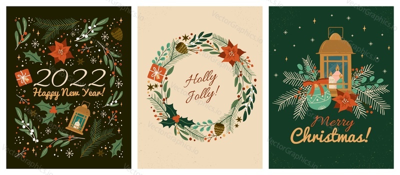 Merry christmas wreath and happy new year greeting cards template. Vector set of winter holiday illustrations in vintage style. Christmas lantern and decoration. 2022 new year hand drawn poster.