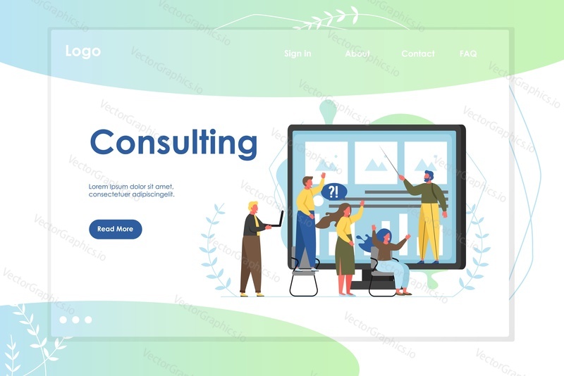 Consulting vector website template, web page and landing page design for website and mobile site development. Business consulting services, software for consultants concept.
