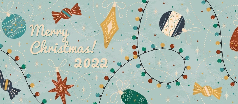Christmas and Happy New Year pattern background. Vector illustration with Christmas ornaments and garlands. Banner and holiday greeting card template. 2022 winter season decoration design.