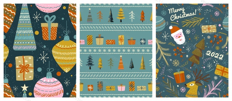 Christmas seamless pattern vector set in vintage scandinavian style. New year winter holiday background with christmas tree, santa claus and gifts.