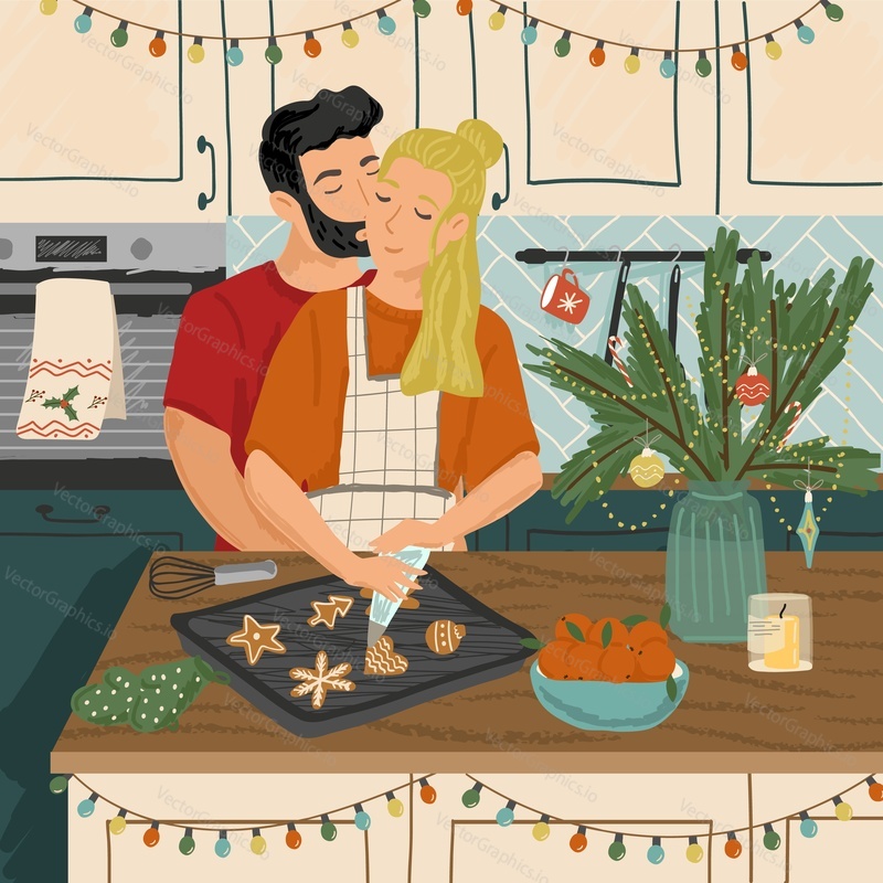 Happy couple sitting and hugging each other. Holiday vector illustration. Romantic couple relaxing and enjoying Christmas mood at home. Man and woman cooking together.