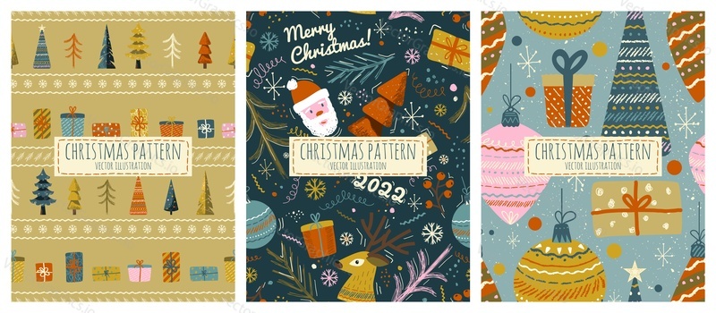 Christmas seamless pattern vector set in vintage scandinavian style. New year winter holiday background with christmas tree, santa claus and gifts.