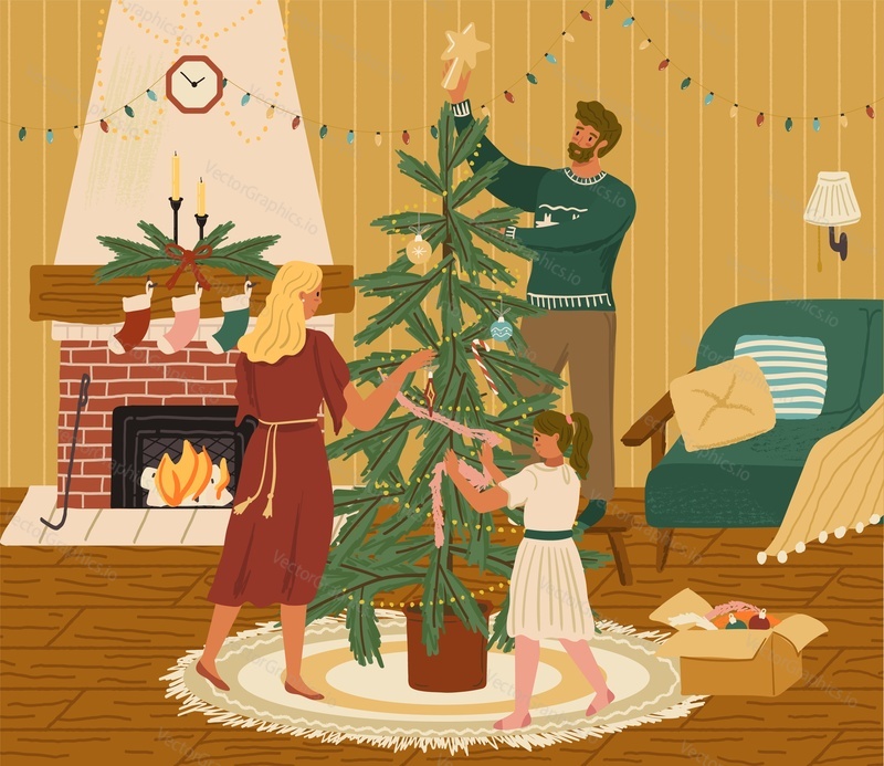 Happy family decorating christmas tree with ornaments and garlands. People preparing for 2022 new year and christmas holiday celebration. Colorful vector illustration in hand drawn style style.