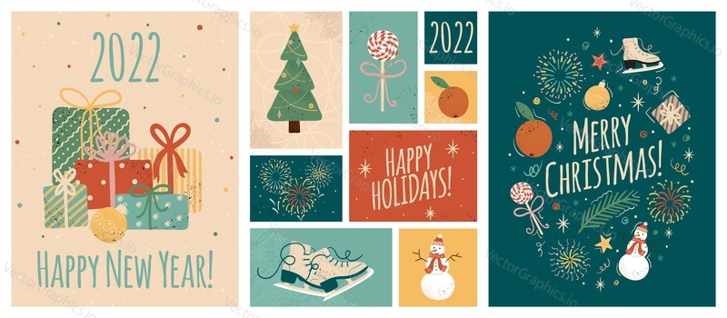 Merry christmas and happy new year greeting cards template. Vector set of winter holiday illustrations in vintage style. Christmas tree and gifts. 2022 new year hand drawn poster.
