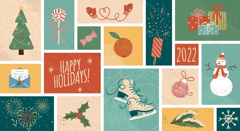 Merry christmas background and happy new year greeting card template. Winter holiday vector illustrations in vintage style. Christmas tree and gifts. 2022 new year hand drawn poster.