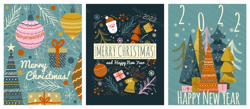 Merry christmas and happy new year greeting cards template. Vector set of winter holiday illustrations in vintage style. Christmas tree and toys, santa claus. 2022 new year hand drawn poster.
