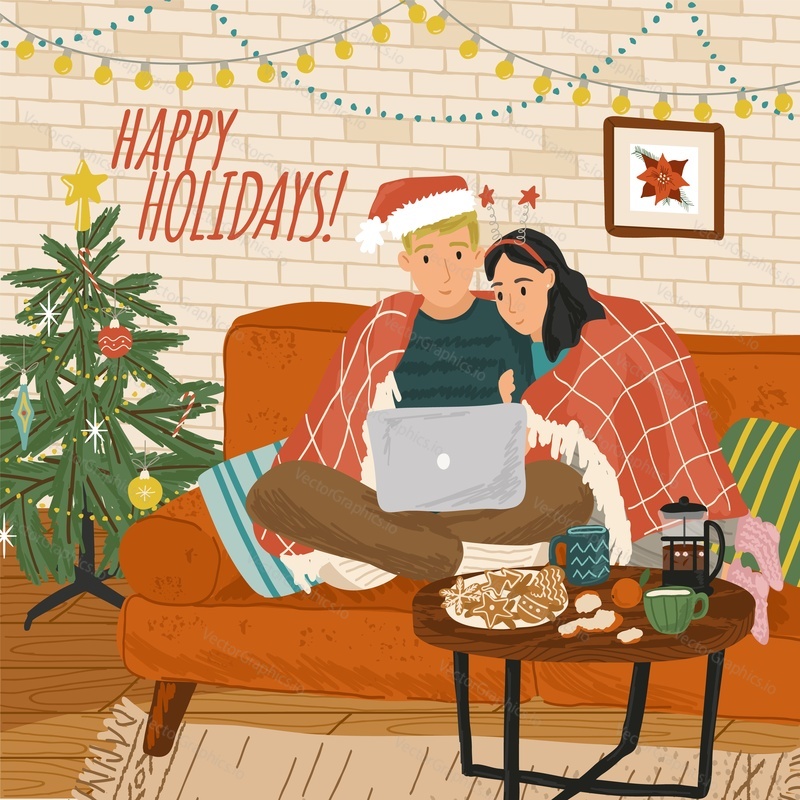 Happy couple sitting and hugging each other. Holiday vector illustration. Romantic couple relaxing and enjoying Christmas mood at home. Man and woman sitting on sofa under plaid and watching movie.