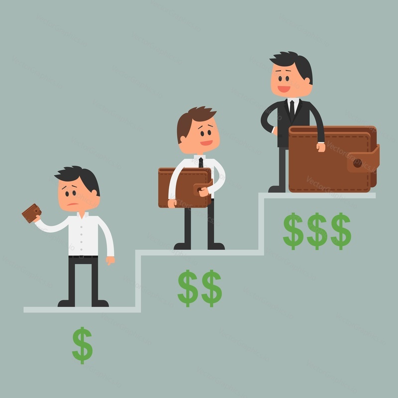 Business concept vector illustration in flat style. Money investment concept. Dollar symbols and wallet. Cartoon businessman get rich and move up.