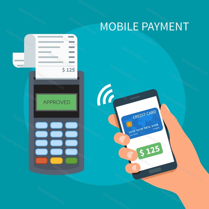 Mobile payments with smartphone. Near field communication payment terminal concept. Online transactions, paypass and NFC. Cartoon flat style vector illustration.