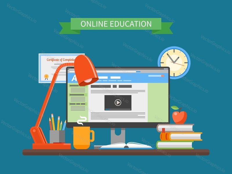Online education concept. Vector illustration in flat style. Internet training courses design elements. Computer on a table.