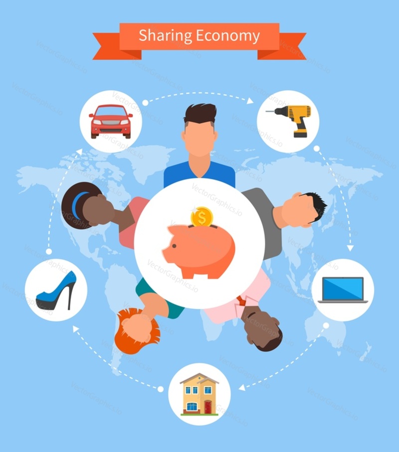 Sharing economy and smart consumption concept. Vector illustration in flat style. People save money and share resources.