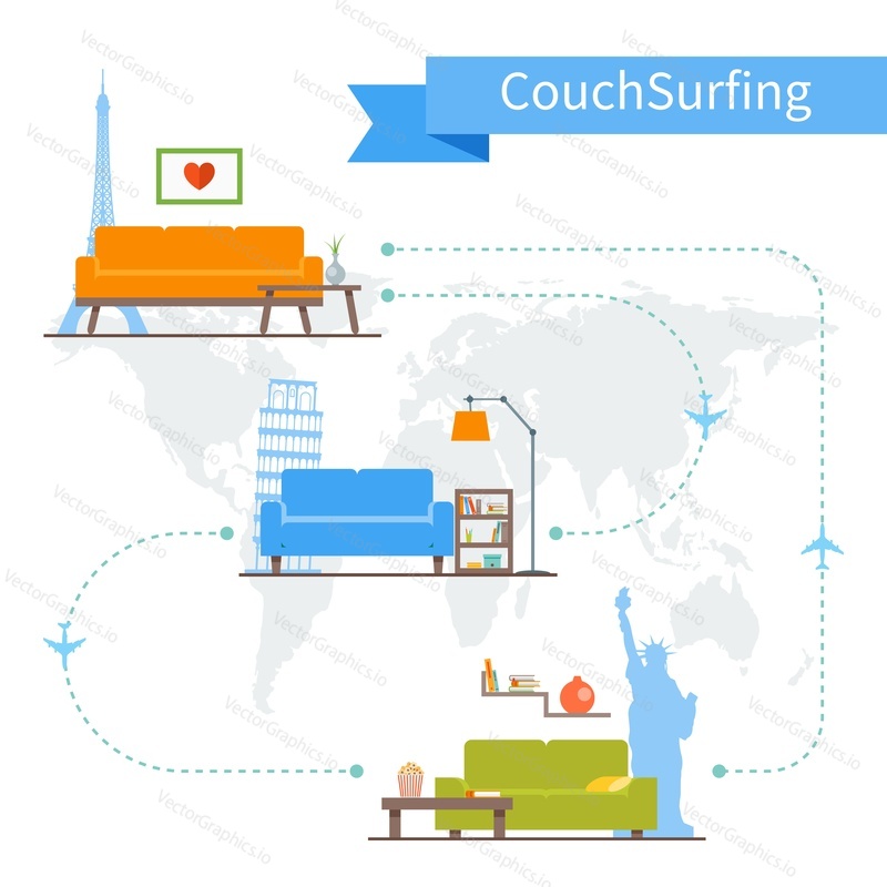Couch Surfing and sharing economy concept. Vector illustration in flat style design. Travel infographic.