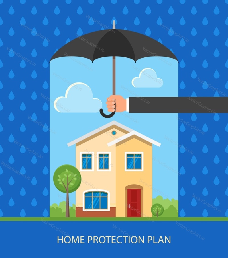 Home Insurance concept. Vector illustration in flat design. Hand holding umbrella to protect house from rain.