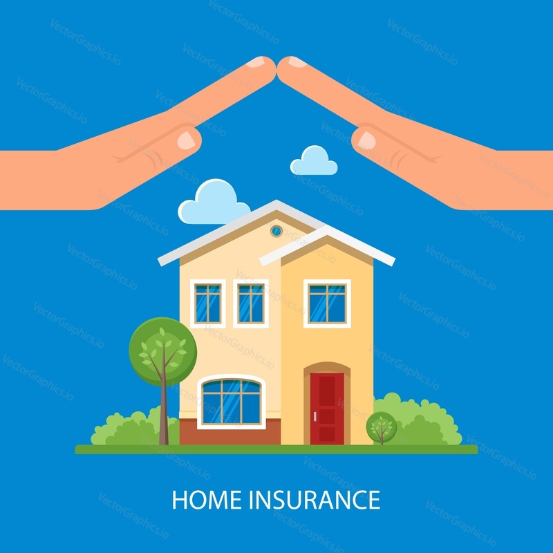 Home insurance concept. Vector illustration in flat design. Hands protecting house. Insurance business.