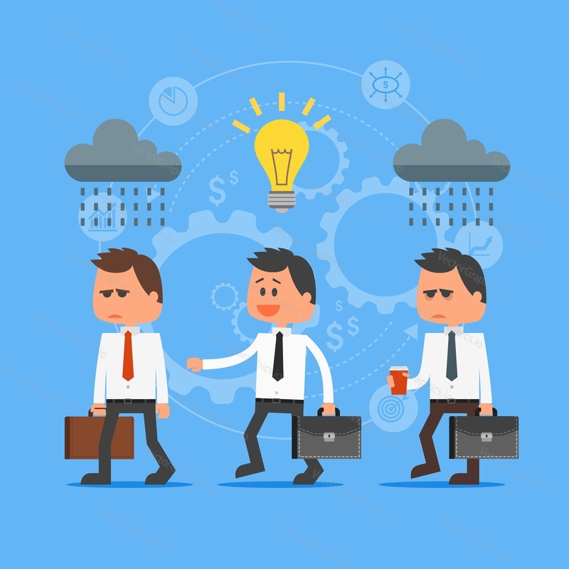 Cartoon businessman with idea outstanding from crowd. Vector concept illustration in flat style design. Creative ideas, gears, man characters, light bulb, clouds.