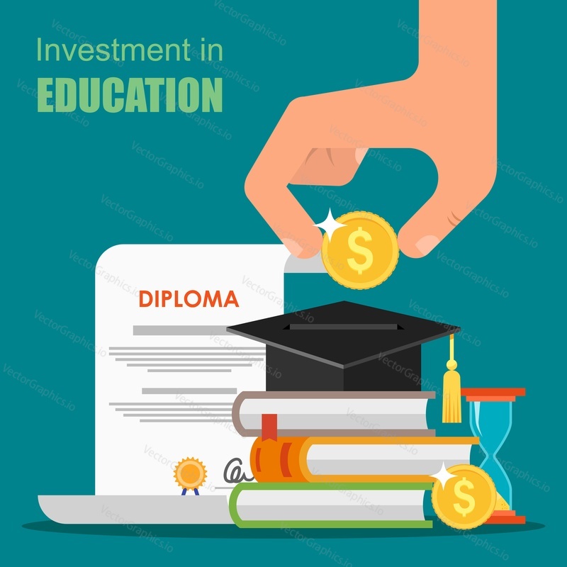 Invest in education concept. Vector illustration in flat style design. Stack of books, diploma and university student cap. Money savings for study.