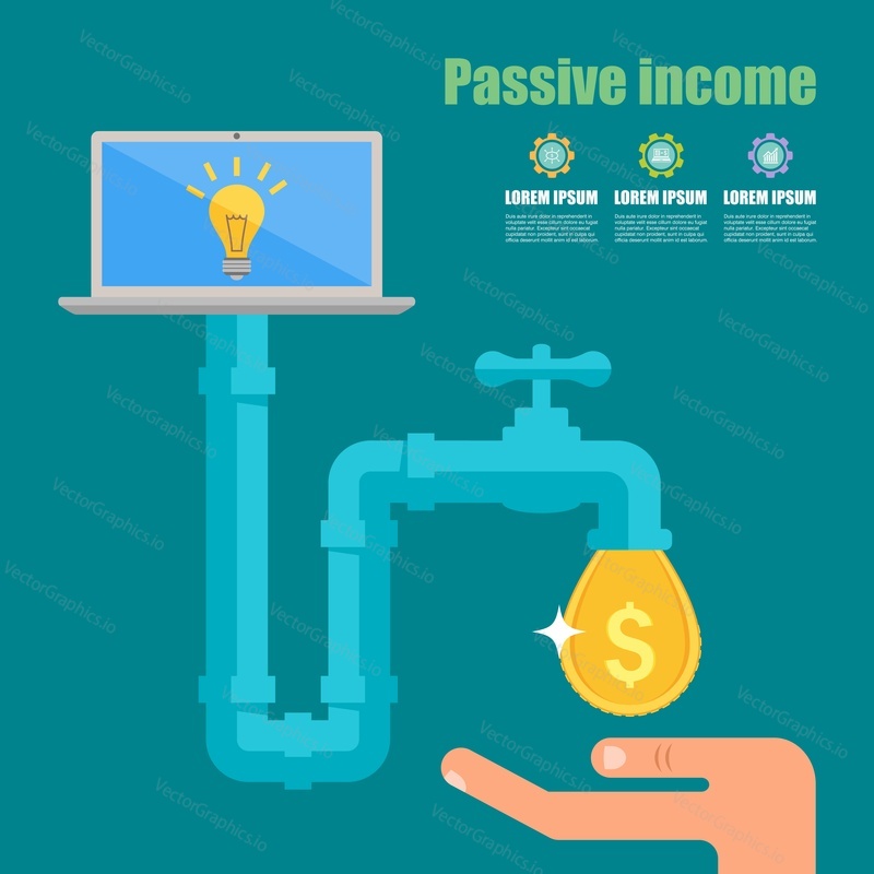Passive income concept. Cartoon vector illustration. Tap with golden dollar droplet.