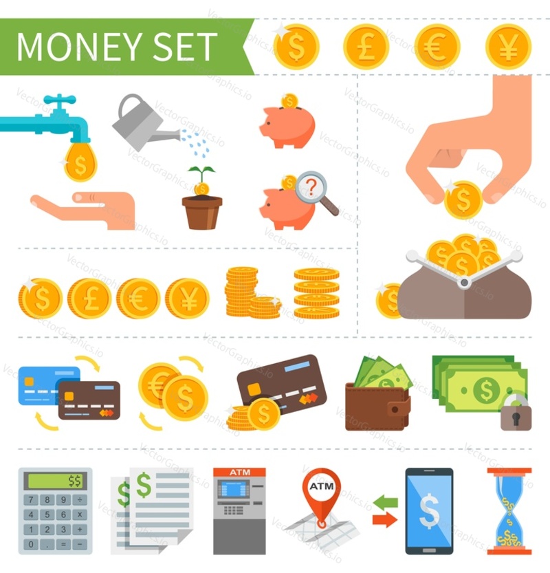 Vector set of Money and Finance icons in flat style. Design elements for web and mobile applications. Business pictogram collection.