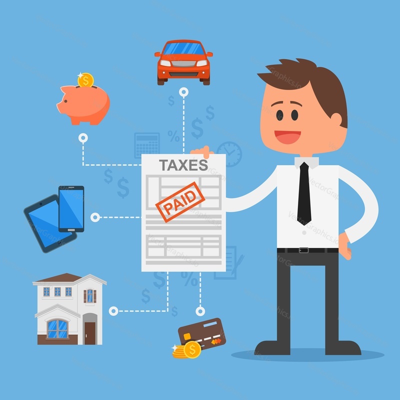 Cartoon vector illustration for financial management and taxes concept. Happy businessman paid all taxes. Car, house, tax, savings and credit cards icons. Flat design.