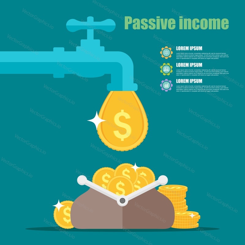 Passive income concept. Cartoon vector illustration. Wallet with dollar golden coins.
