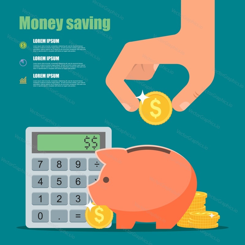 Money saving concept. Vector illustration in flat style design. Piggy bank, calculator and hand with coin. Finance symbols and icons.