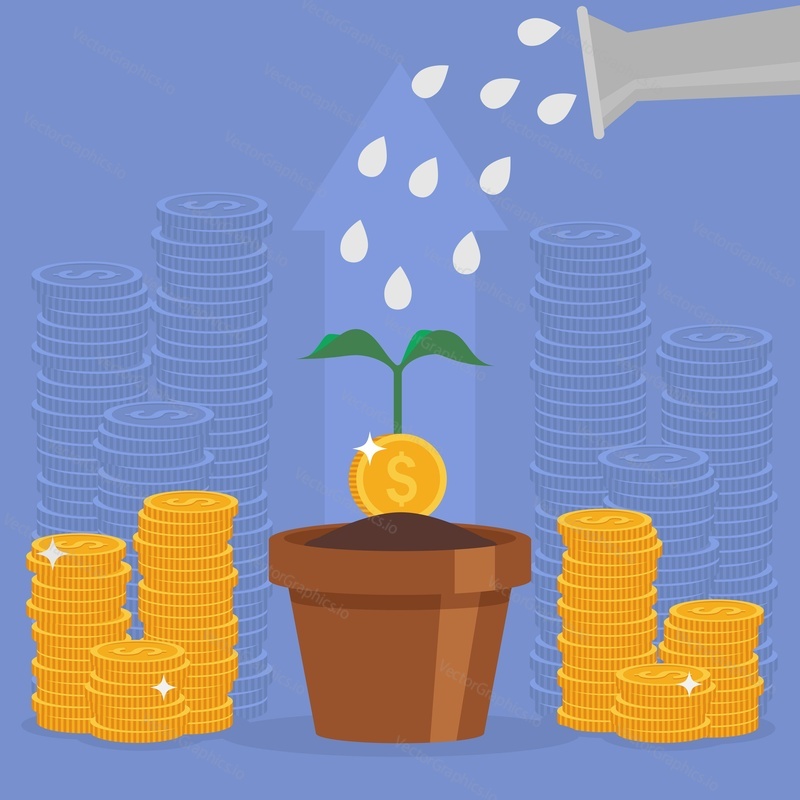 Business concept vector illustration in flat style. Money investment concept. Money Growth. Business person watering money tree. Dollar coins stack.