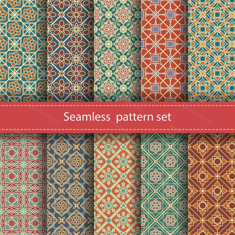 Vector set of 10 seamless mosaic patterns. Arabic tile texture with geometric ornament. Decorative and design elements for textile, book covers, manufacturing, wallpapers, print, gift wrap.